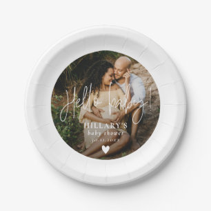 Plato De Papel Foto elegida caligrafía Baby Shower Hello baby