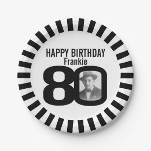 Plato De Papel Foto en blanco y negro de cumpleaños 80 con rayas