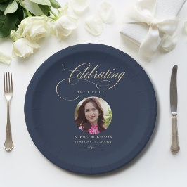 Plato De Papel Foto Funeral Memorial Elegante Azul Dorado Escritu