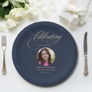 Plato De Papel Foto Funeral Memorial Elegante Azul Dorado Escritu
