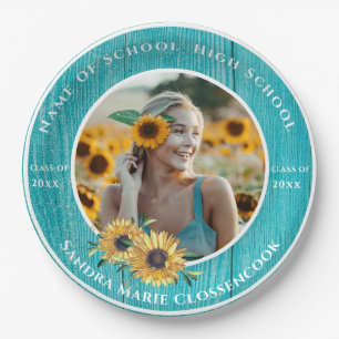 Plato De Papel Foto Graduación Amarilla de Girasol Turquesa