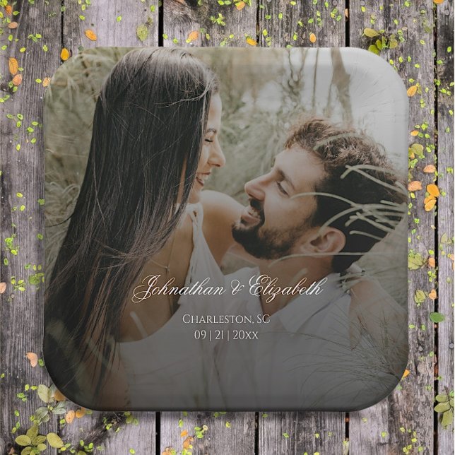 Plato De Papel Foto moderna con Boda negro superpuesto (Modern Photo and Black Overlay Wedding Paper Plates)