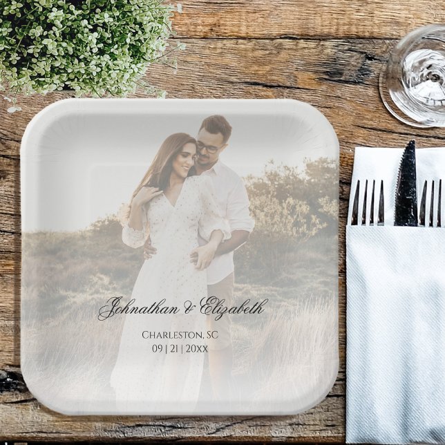 Plato De Papel Foto moderna con Boda superpuesto (Modern Photo and Overlay Wedding Paper Plates)
