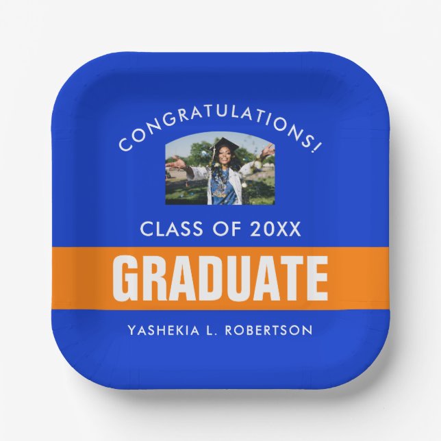 Plato De Papel Foto personalizada de naranja y graduación azul (Anverso)