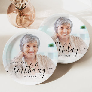 Plato De Papel Foto personalizada Guión negro 70 cumpleaños