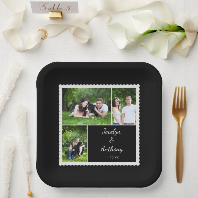 Plato De Papel Foto personalizado Boda blanco y negro (Boda)