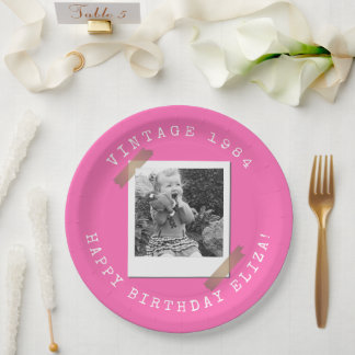 Plato De Papel Foto Polaroid Cumpleaños Vintage Rosa Caliente