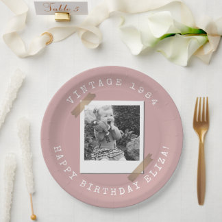 Plato De Papel Foto Polaroid Cumpleaños Vintage Rosa Polvoriento