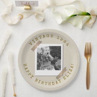 Plato De Papel Foto Polaroid Vintage Cumpleaños Sandy Beige