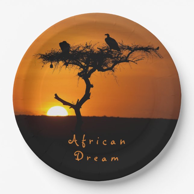 Plato De Papel Foto romántica de la puesta de sol del sueño afric (Anverso)