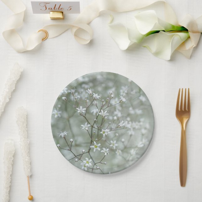 Plato De Papel Fotografía de flores de aliento de bebé blancas bo (Boda)