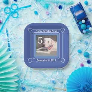 Plato De Papel Fotografía de perro de cachorro cúbico cumpleaños 
