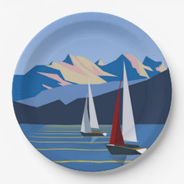 Plato De Papel Fotografía de veleros y montañas