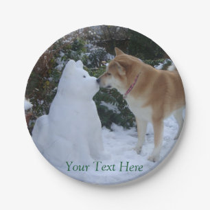 Plato De Papel fotografía linda de Akita del muñeco de nieve de