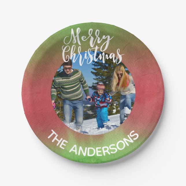 Plato De Papel Fotografía verde y rojo: Feliz Fiesta navideño (Anverso)