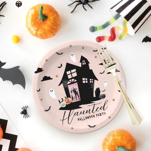 Plato De Papel Fotomonada Personalizado del partido Halloween en  (Spooky Haunted House Halloween Party Custom Photo Paper Plates)