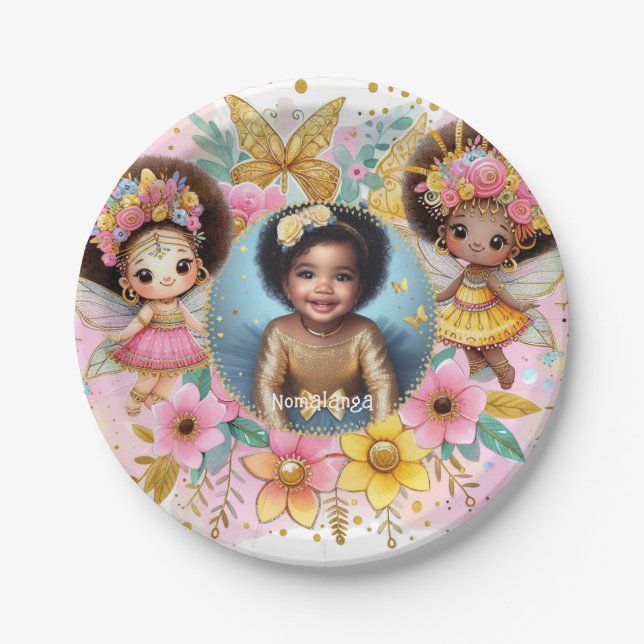 Plato De Papel Fotos Cumpleaños Pequeño Hada Negra Rosa Africano (Anverso)