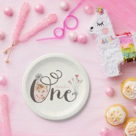 Plato De Papel Fotos de cumpleaños 1.ᵉʳ bebé rosada