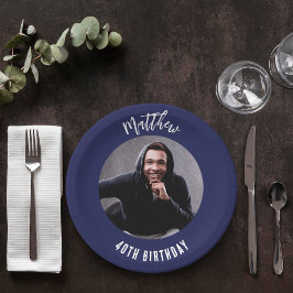 Plato De Papel Fotos en blanco azul marino de cumpleaños