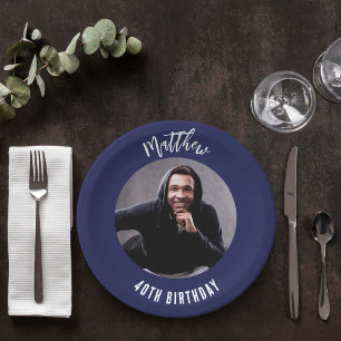 Plato De Papel Fotos en blanco azul marino de cumpleaños