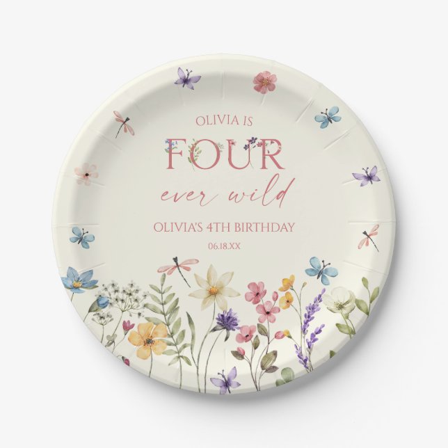 Plato De Papel Four Ever Wild Wildflower 4th Birthday Party (Anverso)