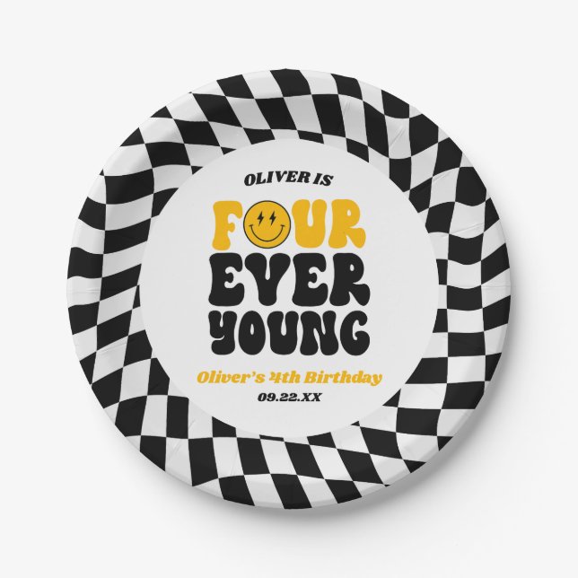 Plato De Papel Four Ever Young Retro Fourth 4th Birthday Party (Anverso)