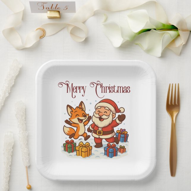 Plato De Papel Fox and Santa Christmas Paper Plate (Boda)