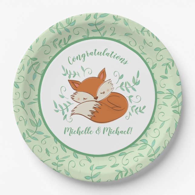Plato De Papel Fox Baby Shower Woodland Animals (Anverso)