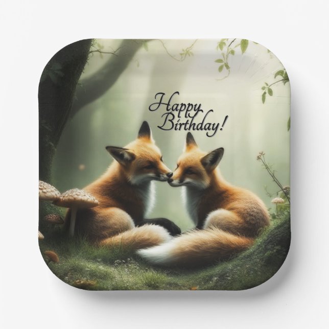 Plato De Papel Fox Cuddle en el cumpleaños del bosque polvoriento (Anverso)