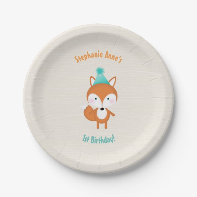 Plato De Papel Fox de Woodland con globos (Anverso)