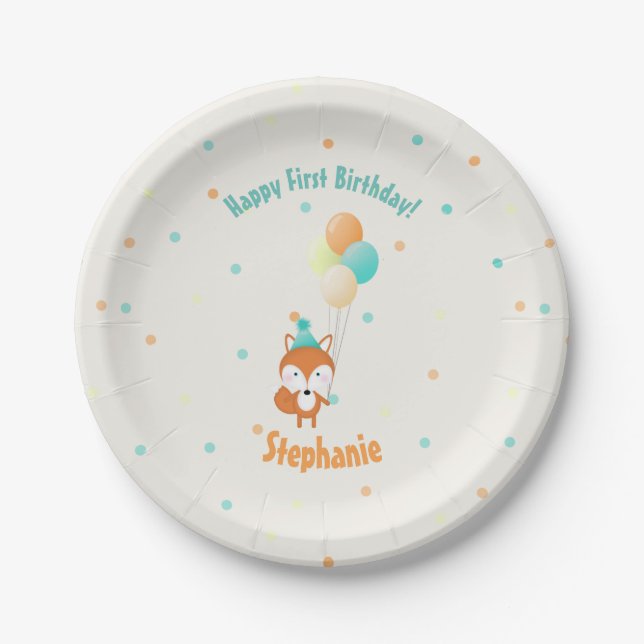 Plato De Papel Fox de Woodland con globos (Anverso)