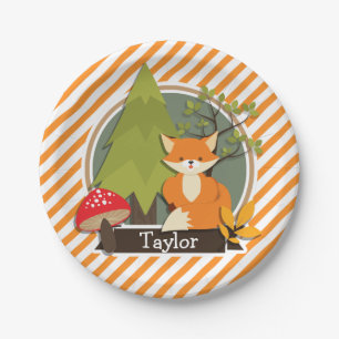 Plato De Papel Fox de Woodland; franjas Naranjas y blancas