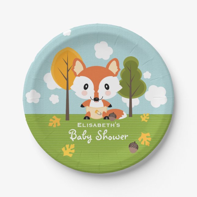 Plato De Papel Fox en los pañales Baby Shower (Anverso)