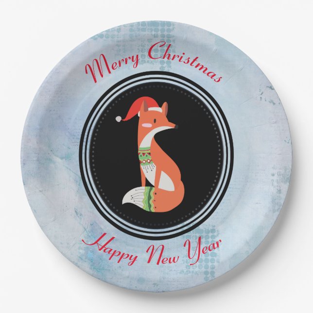 Plato De Papel Fox naranja en Red Santa Hat Feliz Navidad (Anverso)