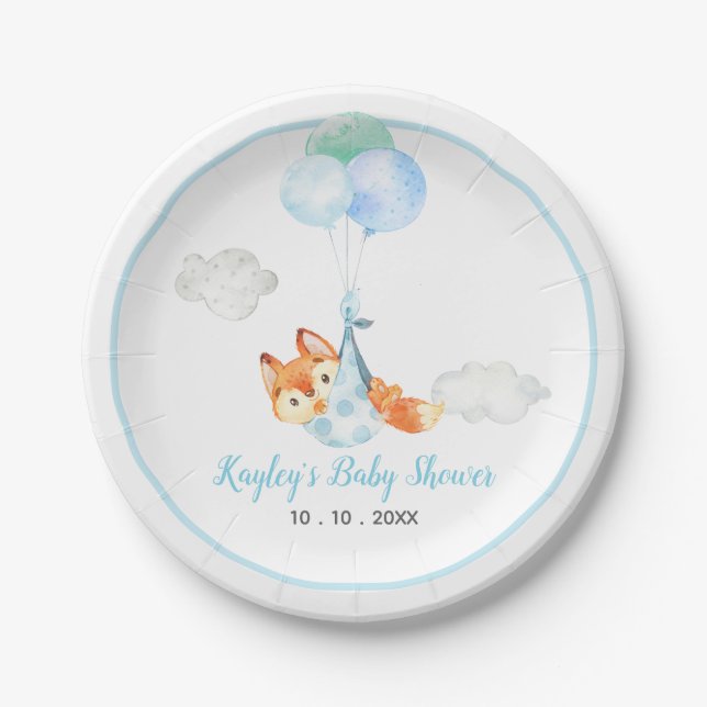Plato De Papel Fox Plates - Boy Baby Shower con globo (Anverso)