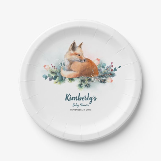 Plato De Papel Fox Winter Woodland Baby Shower (Anverso)