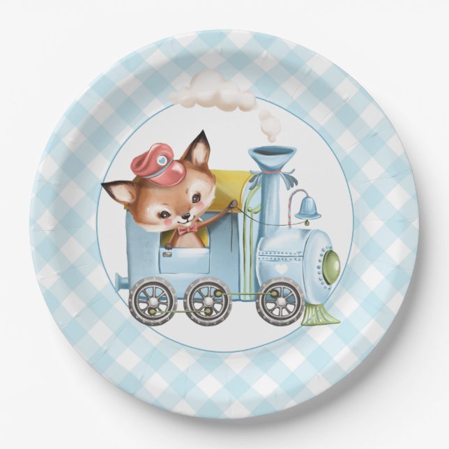 Plato De Papel Fox y Train Gingham Blue Baby Shower (Anverso)