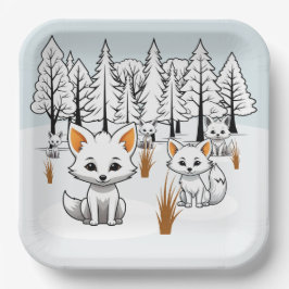 Plato De Papel Foxes Árticos - Paisaje invernal