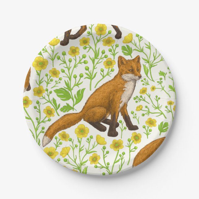 Plato De Papel Foxes y mariposas en blanco natural (Anverso)