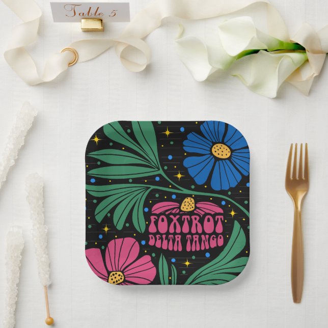Plato De Papel Foxtrot Delta Tango Flower Boho (Boda)