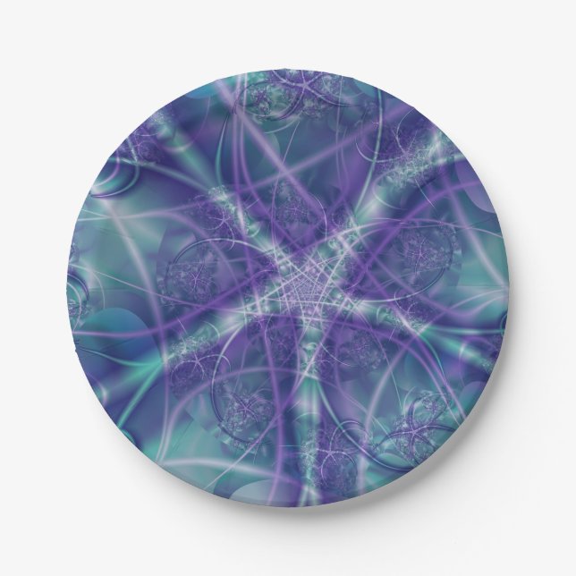 Plato De Papel Fractal con formas de estrella azul y blanco púrpu (Anverso)