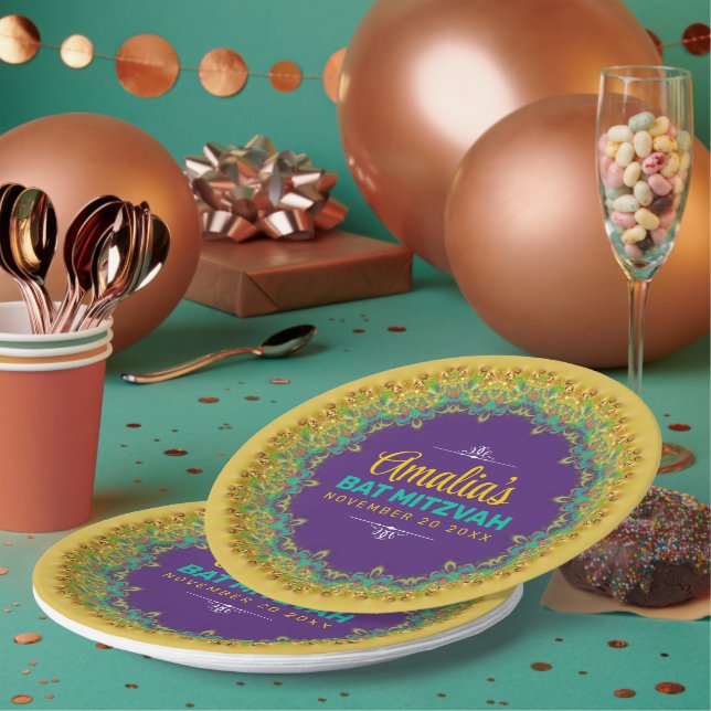 Plato De Papel Fractal Lace Purple Yellow Bat Mitzvah (Multi)