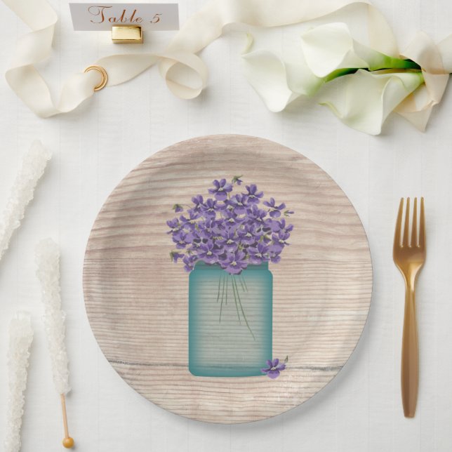 Plato De Papel Frasco de Mason Azul Violetas  (Boda)