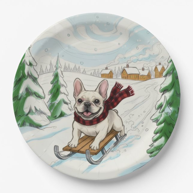Plato De Papel French Bulldog Sledding, Paper Plates (Anverso)
