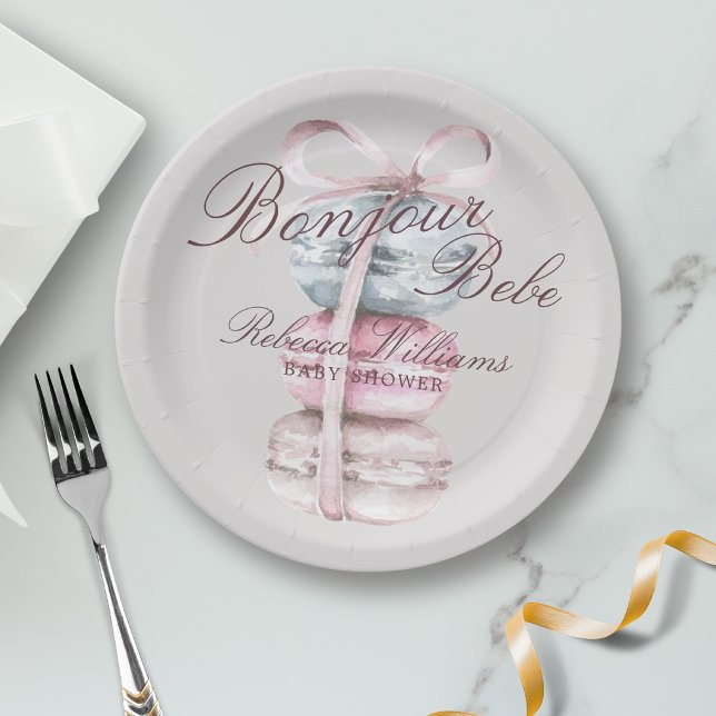 Plato De Papel French Macaron Bonjour Bebe Baby shower (Subido por el creador)