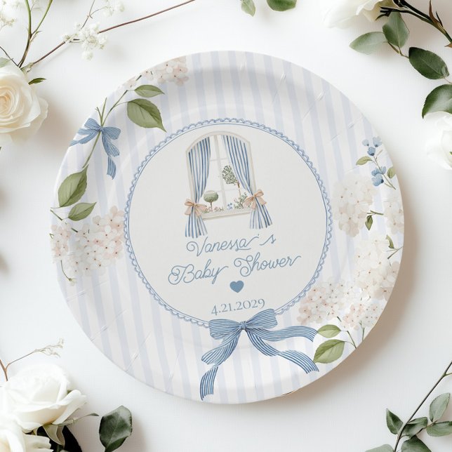 Plato De Papel French Nursery Baby Shower Blue Stripes Bow (Subido por el creador)