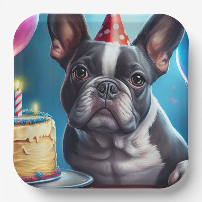 Plato De Papel Frenchie Birthday Bash: Un lindo Bulldog francés (Anverso)