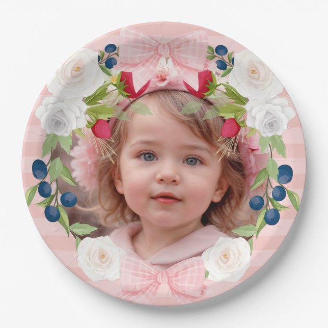 Plato De Papel Fresa 1ª Berry Sweet Birthday Photo (Anverso)