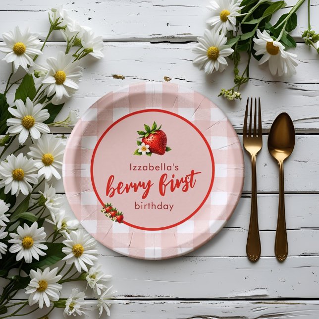 Plato De Papel Fresa Berry Primer Placa de papel de cumpleaños (Strawberry Berry First first birthday party paper plates)