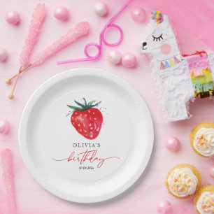 Plato De Papel Fresa Birthday Berry nombre Placas